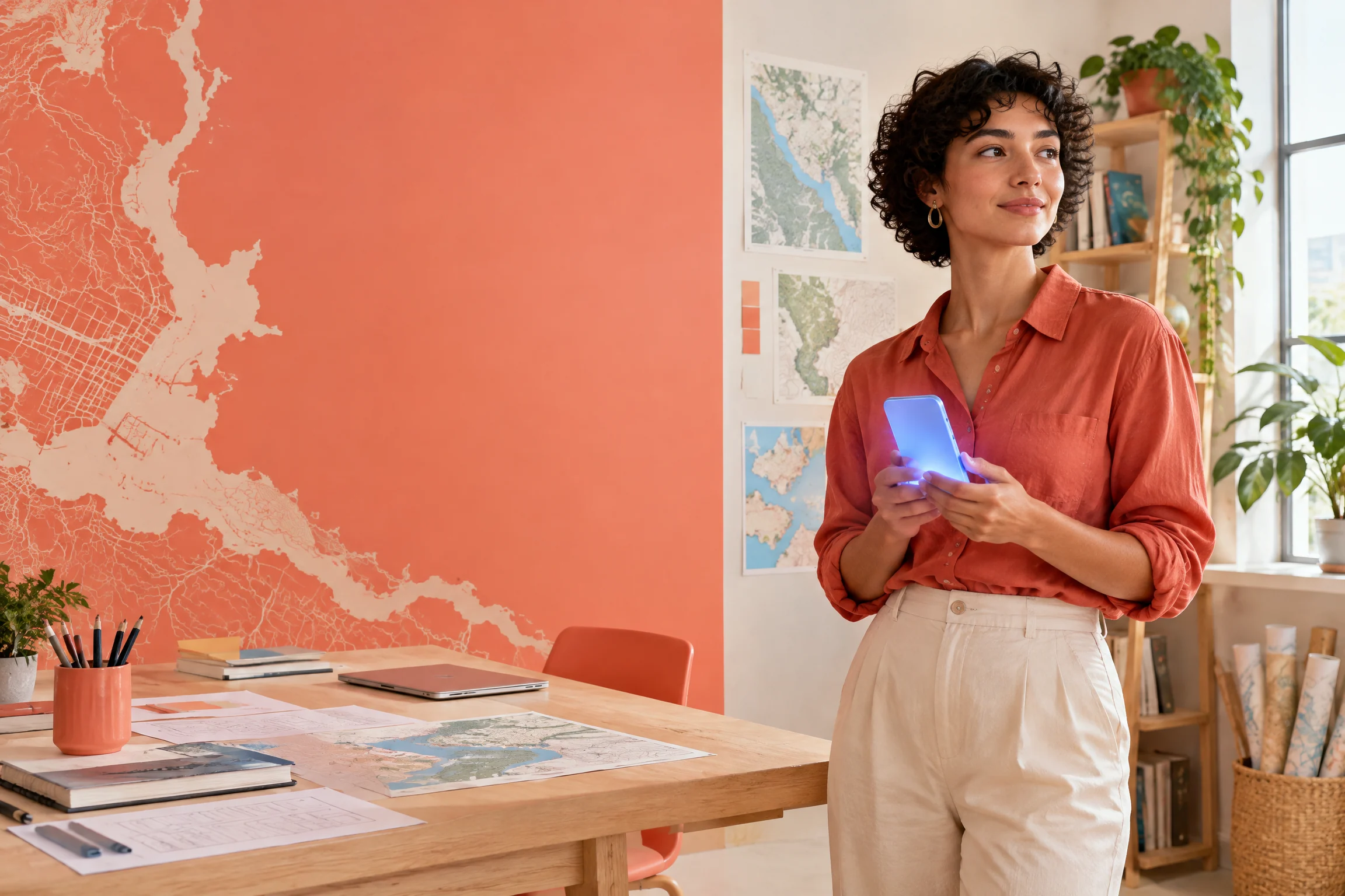 Designer holding blue phone prototype