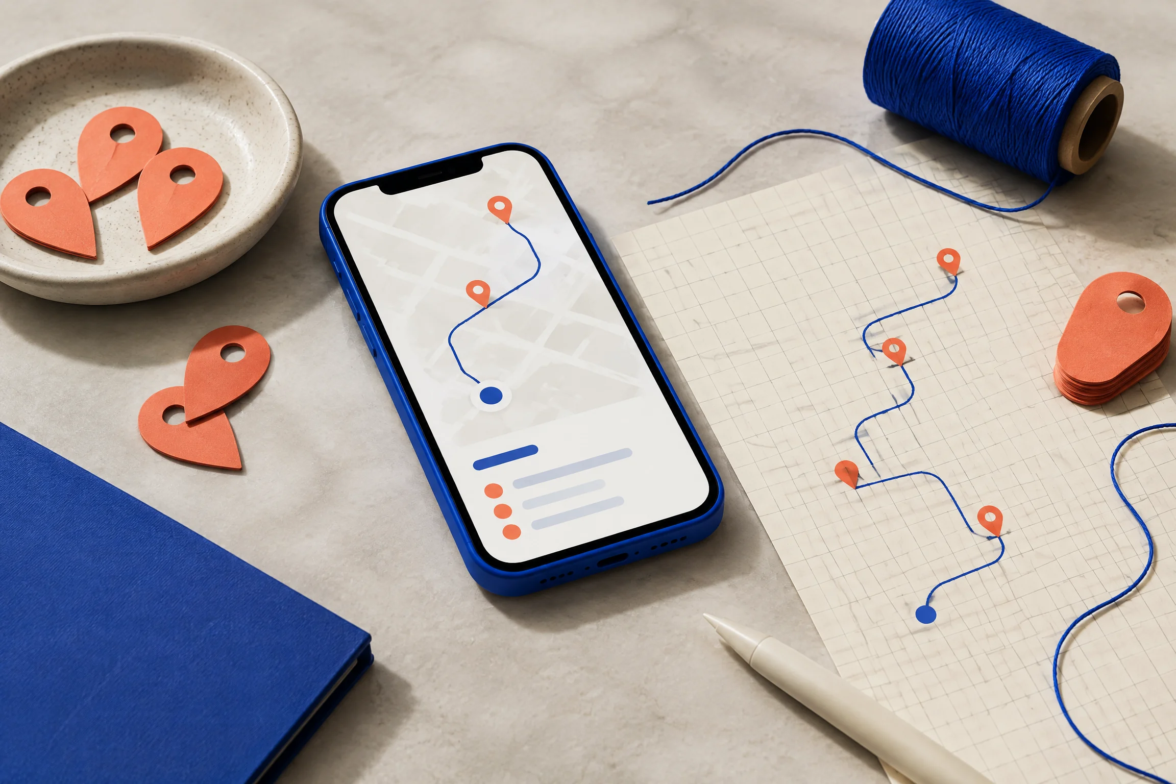 Mobile planning objects on cream table