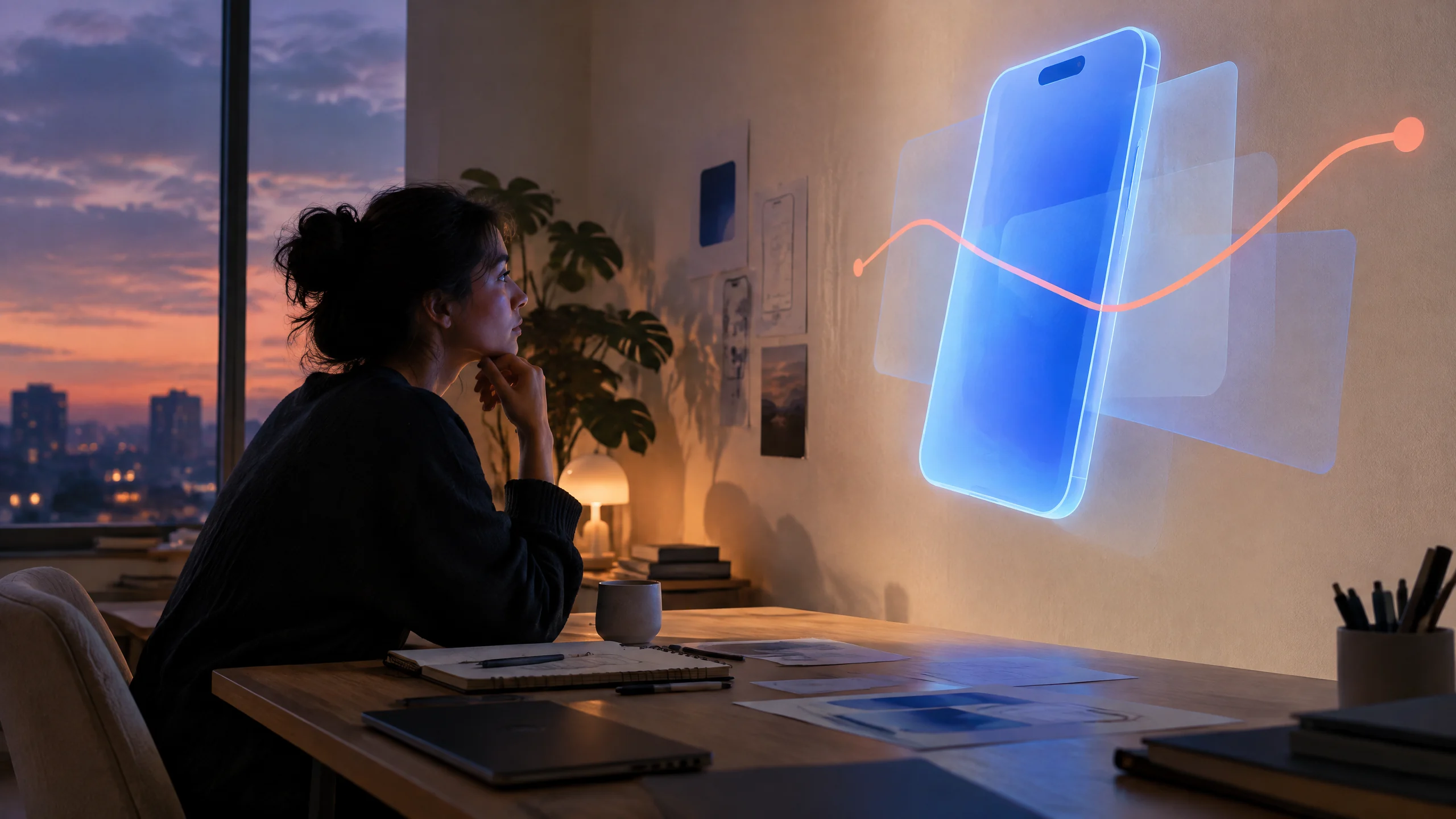 Designer studying app rehearsal projection