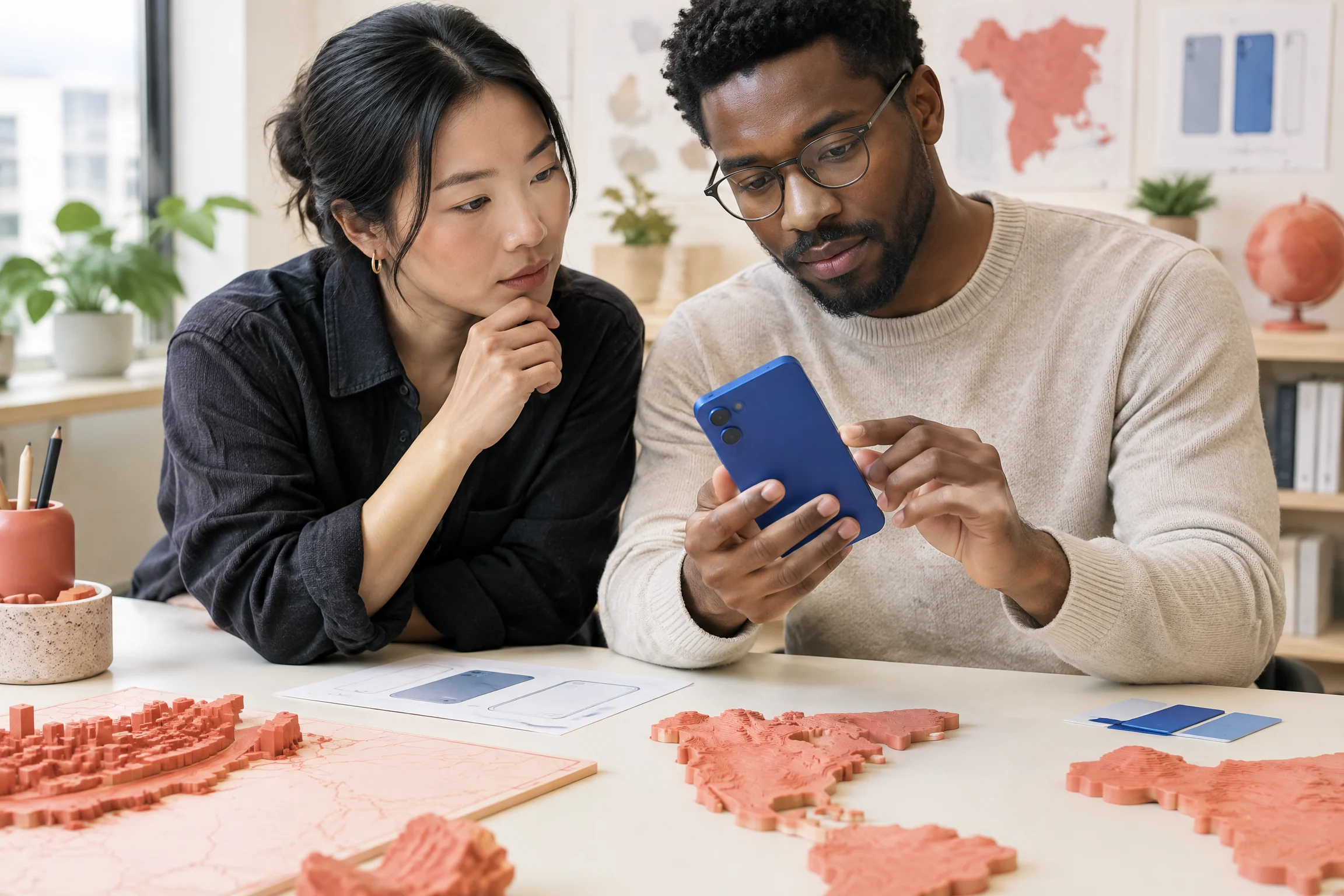 Two designers reviewing mobile prototype